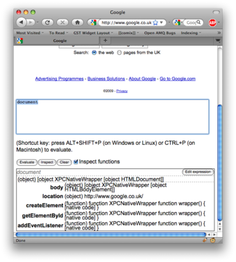 Screenshot of the console running against google.co.uk